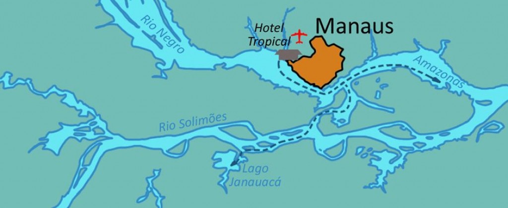 Map showing Manaus in relation to the Amazon river. 