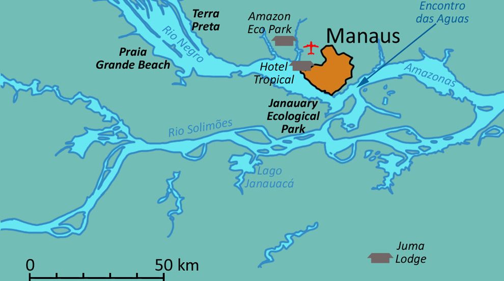Map showing the Juma lodge in the Amazon. 