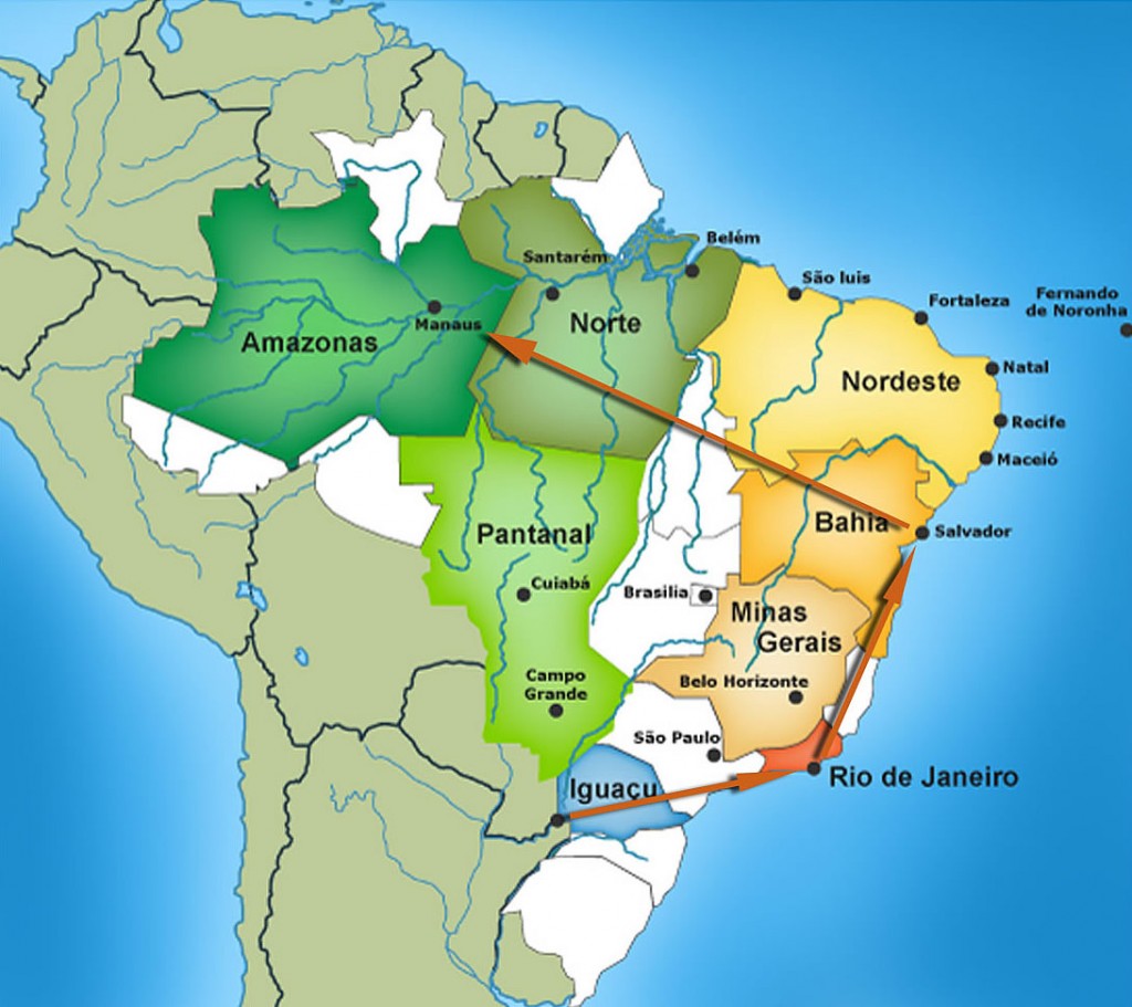 All inclusive vacation Brazil - map of all the stops. 