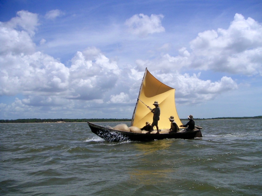 A fishing jangada going across the river. 