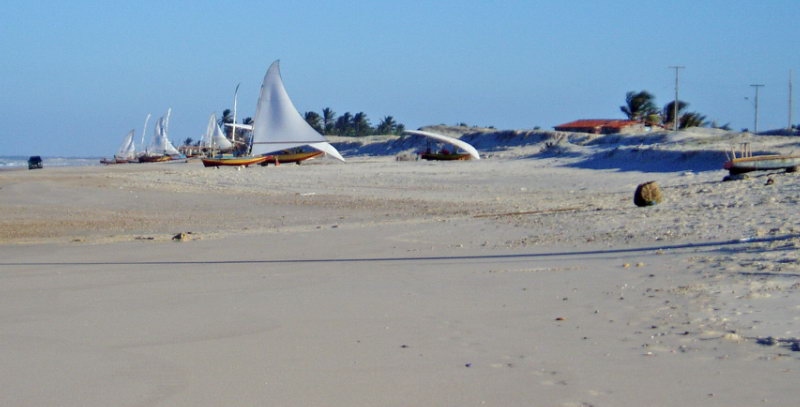 Jangadas on the sunsplashed beach. 