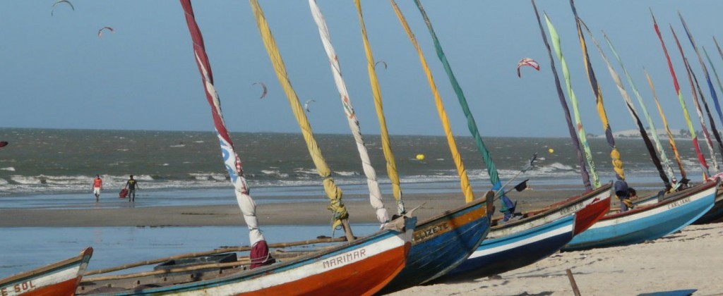 Jangadas lined up on the beach in Brazil. 