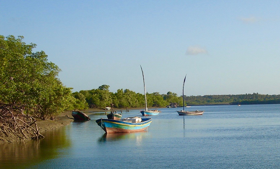 Rio preguicas at dusk, fishingboats line its banks. 