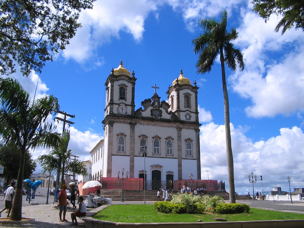 Church in Salvador de Bahia Brazil against a blue - sky background. 