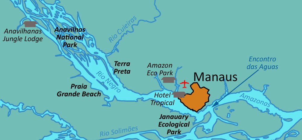 Map showing the location of each jungle lodge in relation to Manaus and the Amazon river. 