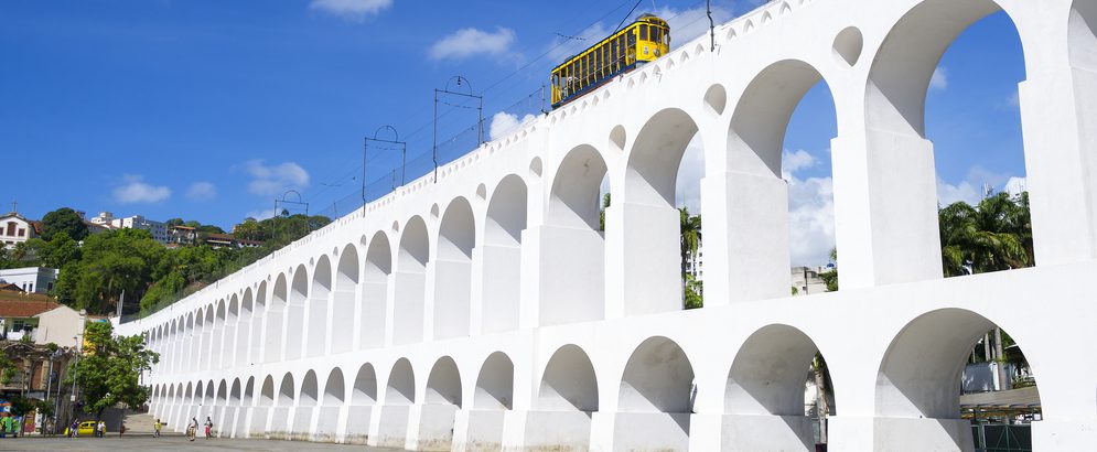 Train crossing a bridge in Rio de Janeiro. 