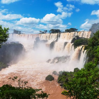 The gushing waters of the mighty Falls of Iguaçu in Brazil.