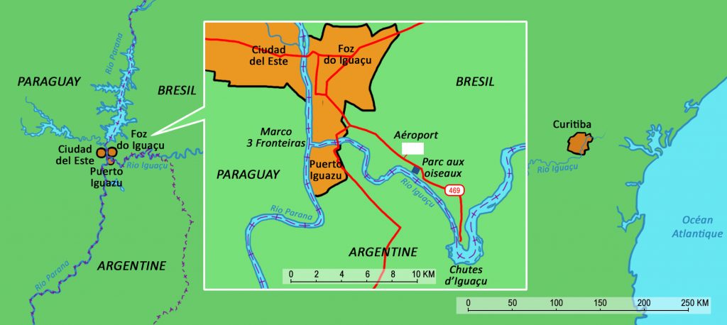 Map showing where the Iguassu falls are. 