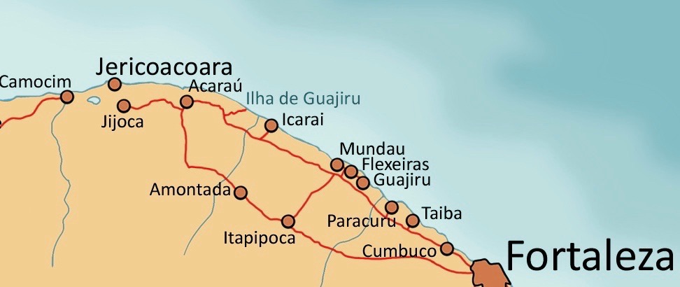 Map of the Northeast coast from Fortaleza to Jericoacoara. 