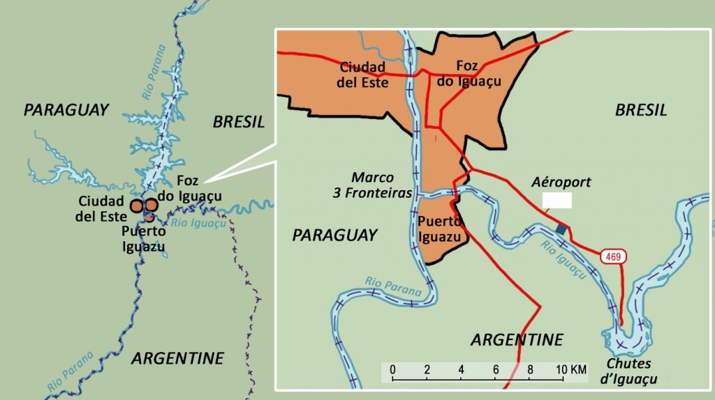 Map showing the border between Brazil and Argentina at Iguazu. 