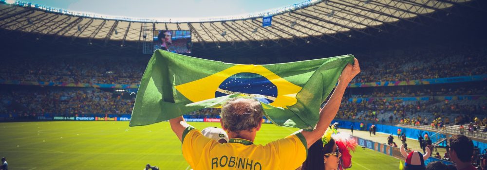 A Brazilian supporter hoists the national flag at a football game.