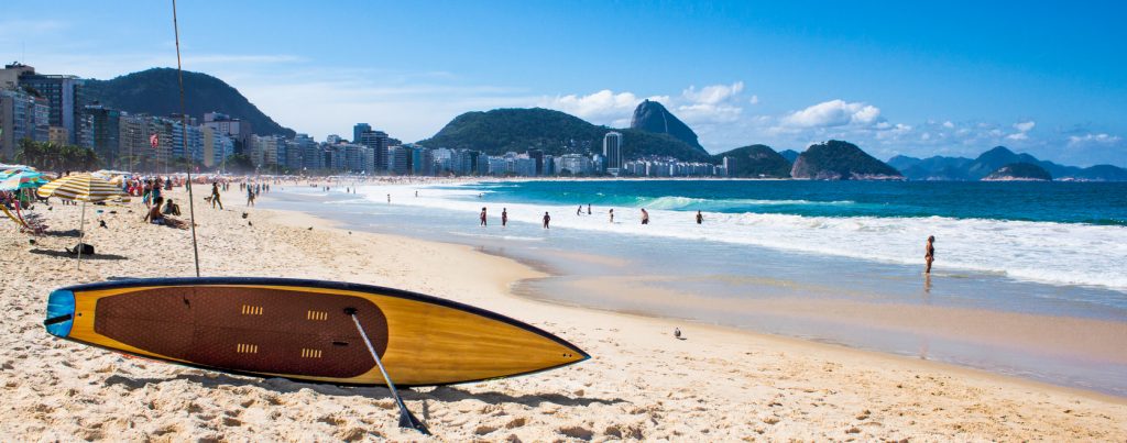SUP on the beach at Copcabana, Rio de Janeiro. 