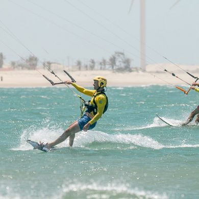 Two kitesurfers learn to ride in Brazil.