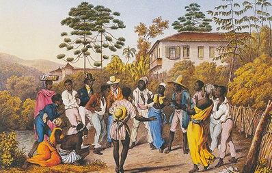 A painting depicting people dancing Samba in colonial times.