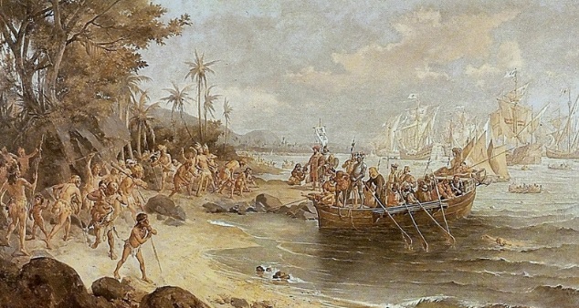 Painting of scene when Brazil was discovered by the Portuguese.
