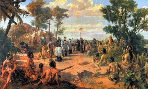 Image depicting a foreign religion, Catholcism being shown to natives.