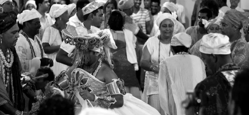 Black and white image of candomble practitioners.