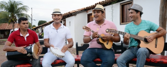 A group of men play Samba music in Brazil.