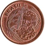 Reverse side of the 1 centavo coin of Brazilian currency, featuring Pedro Alvarez Cabral.